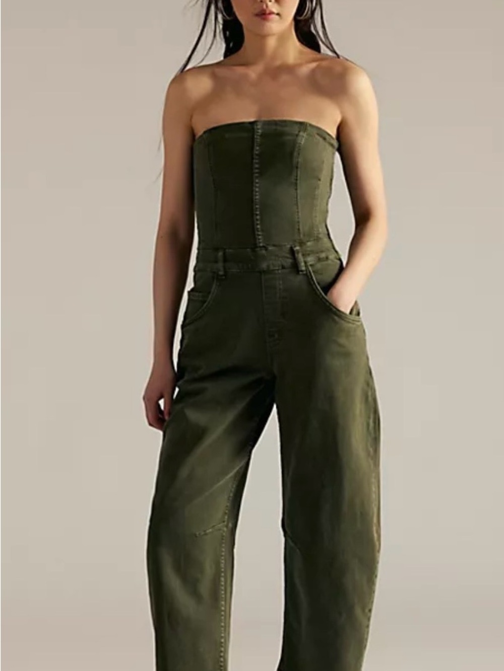 We The Free Strapless Olive Denim Corset Jumpsuit